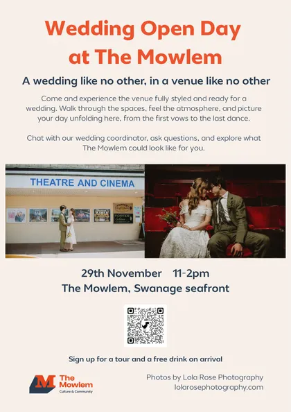 The Mowlem's poster for its Wedding Open Day: a wedding couple outside the theatre and cinema, and seated in the red cinema seats, with the date, 29 November, 11am to 2pm, Swanage seafront.